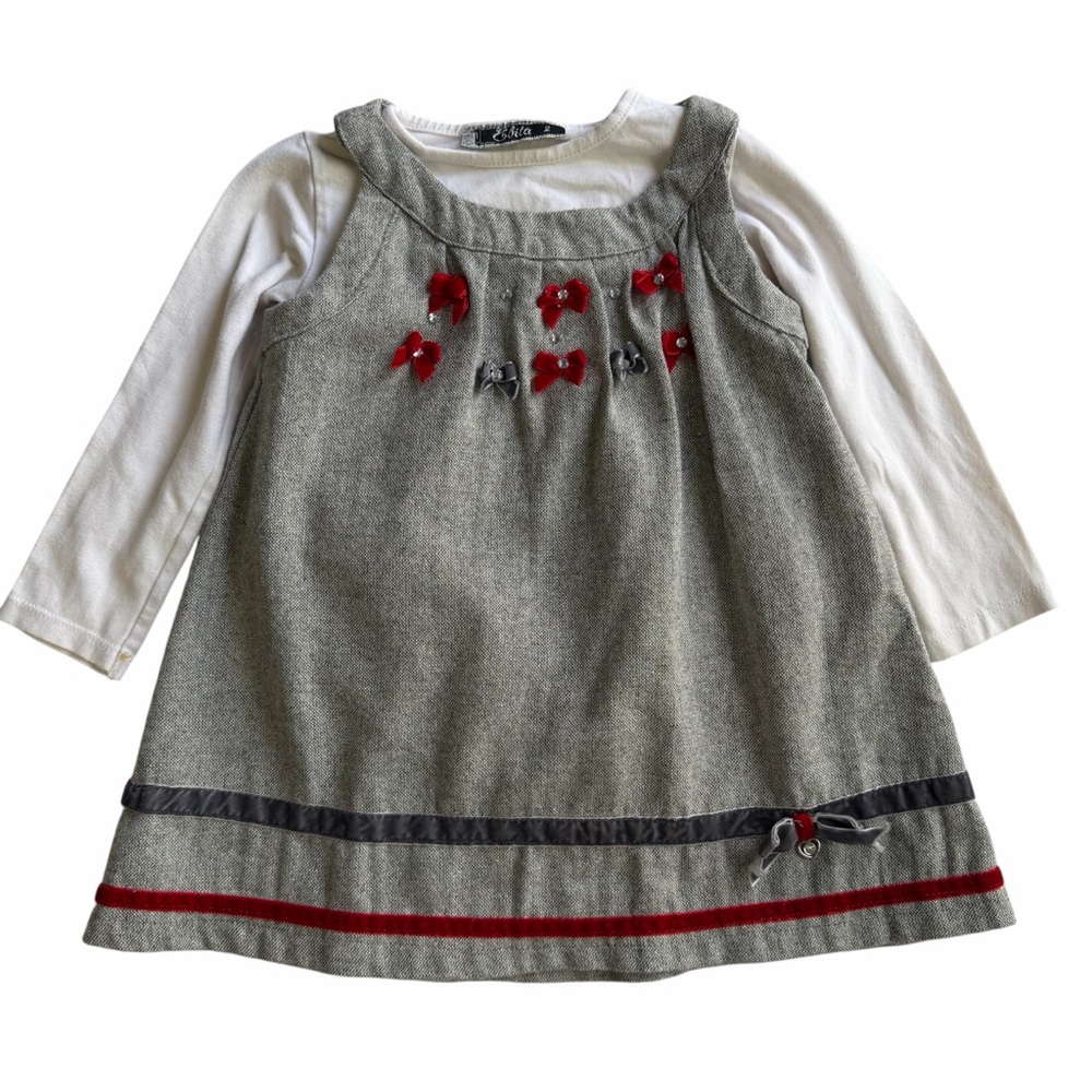 Girls’ 2-Piece Dress Set – Long Sleeve Shirt + Jumper Dress